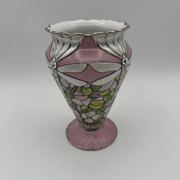 VTG Louis Tiffany Bradford Exchange Glittering Dragonflies Porcelain Vase Pink - Picture 2 of 9